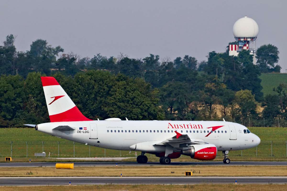 Austrian Airlines plane landing on Vienna International Airport